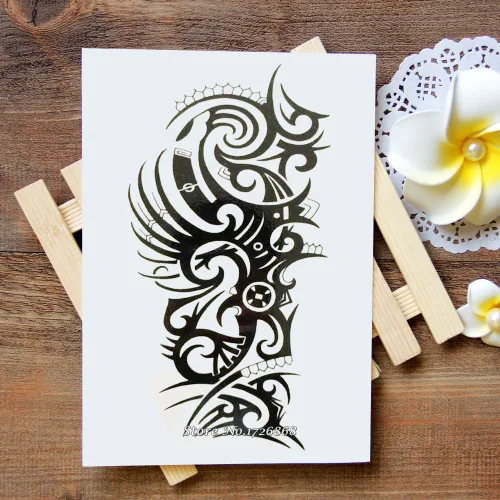 Miniatura 5 de Tatuajes temporales grandes negros, calcomanía de tatuaje de tótem tribal grande para hombres y mujeres, maquillaje de arte corporal, tatuaje falso