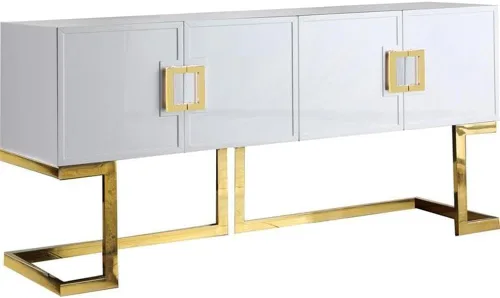 Meridian Furniture Beth Collection Modern | Aparador de buffet contemporáneo, base de acero inoxidable dorado intenso, acabado lacado blanco, 64