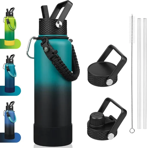 Miniatura 6 de BJPKPK - Botella de agua con tapa de popote, botellas de agua aisladas de 18 onzas con 3 tapas, asa de cuerda de paracaídas y base antideslizante