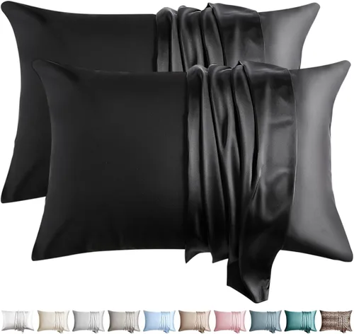 Fundas de almohada de seda 100% 2 unidades, tamaño estándar, seda de morera para cabello y piel, juego de 2, seda de grado superior 6A, suave, Negro