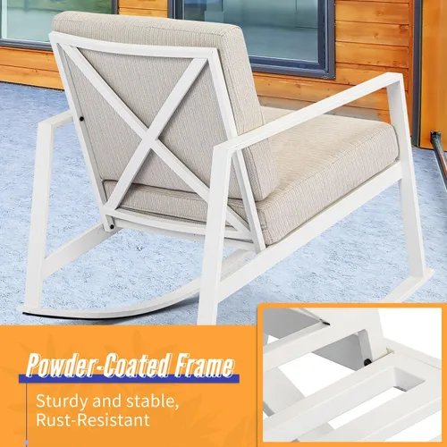 Miniatura 4 de AQUILLA Juego de 3 mecedoras de patio para exteriores, muebles de exterior con marco de metal, mesa redonda de vidrio templado, cojines gruesos