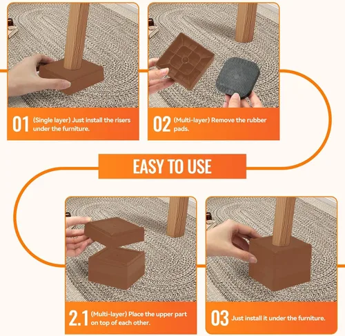 Miniatura 7 de shouwuhho Elevadores de muebles, paquete de 4 elevadores de cama con agarre antideslizante y soporte resistente, elevación de 1 pulgada, 2 pulgadas
