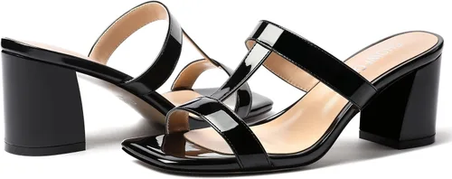 Miniatura 6 de SHOWFOREST Women's Square Toe Patent Slip On Casual Chunky Mid Heel Heeled Sandals 2.5 Inch