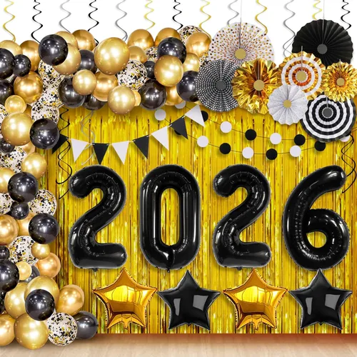 Miniatura 10 de KatchOn, Juego de decoraciones de Año Nuevo 2026, enorme, paquete de 85 Globo de estrellas negras y doradas, telón de fondo de cortina con flecos