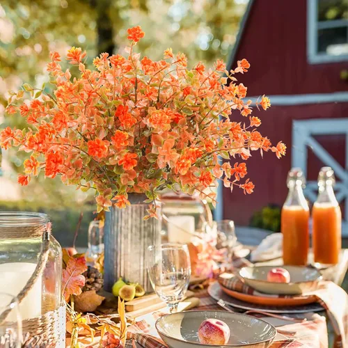 Miniatura 5 de Uieke 24 flores artificiales de otoño para exteriores, resistentes a los rayos UV, plantas de otoño sintéticas, arbustos que no se decoloran, Naranja