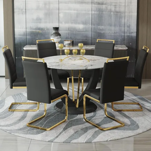 Miniatura 19 de JUFU Juego de mesa de comedor redonda para 4, mesa de comedor de 48 pulgadas con mesa de mármol sintético y 4 sillas tapizadas, moderno juego