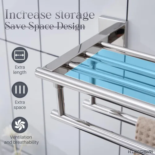 Miniatura 5 de KOKOSIRI Estante para Toallas de Baño, Porta Toallas de 32 Pulgadas con Barras de Toallas Dobles Montado en Pared, Acero Inoxidable Pulido Cromado