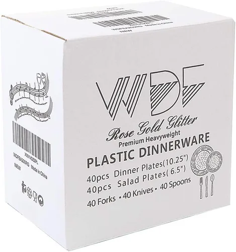 Miniatura 6 de WDF Platos de plástico rosa dorado rosa con cubiertos de plástico rosa incluyen 40 platos de cena y ensalada, 40 tenedores, 40 cuchillos, 40