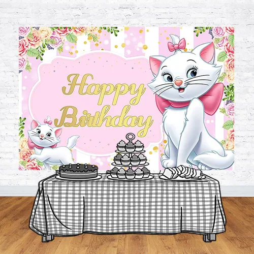 Miniatura 2 de Telón de fondo de gato rosa para suministros de fiesta de cumpleaños, fondos de fotos de Marie con temática de gato Marie, cartel de baby shower, 59