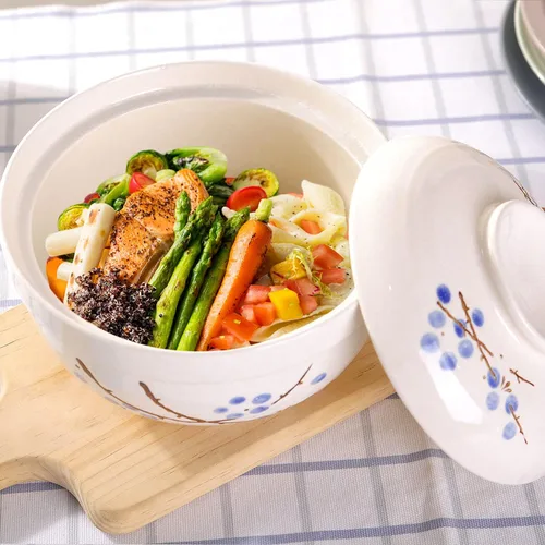 Miniatura 4 de WHJY Vajilla japonesa creativa de cerámica pintada a mano con tapa para sopa y fideos, con función de preservación del calor, cuenco y tapa azul