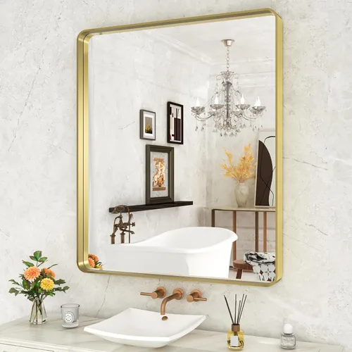 Miniatura 29 de WEER - Espejo de baño dorado, espejo de 40x32 pulgadas con marco de metal dorado cepillado, espejo de tocador de baño de oro para pared