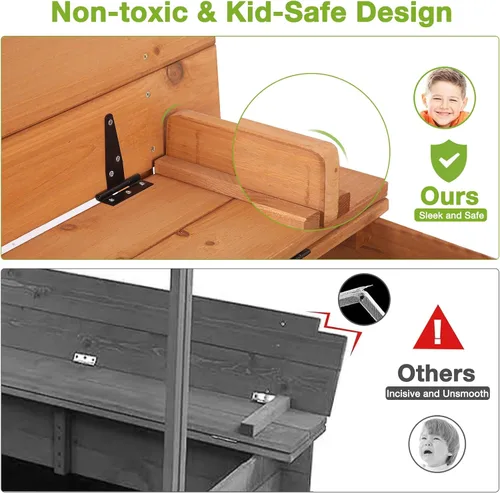 Miniatura 3 de GUTINNEEN Caja de arena de madera con toldo ajustable, caja de arena para niños al aire libre con bancos plegables, forro de arena, techo retráctil