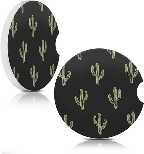 Portavasos de automóvil con diseño de cactus bohemio, paquete de 2 posavasos de cerámica absorbente con muesca para el dedo y base de corcho,