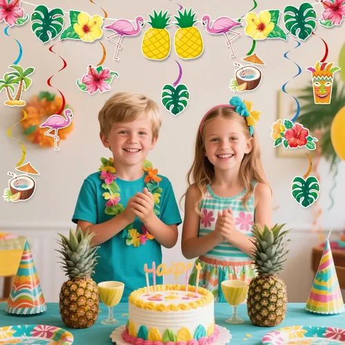 Miniatura 6 de Pancarta hawaiana preencordada para fiesta, decoración grande de flamenco tiki tropical para fiesta de cumpleaños Luau para fiesta de cumpleaños