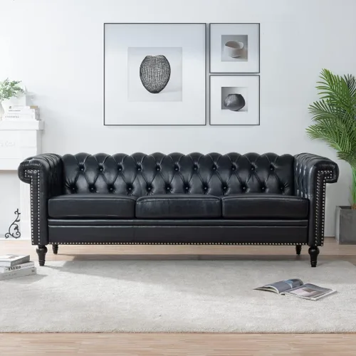 Miniatura 3 de Sofá Chesterfield moderno de 83.5 pulgadas, sofá de 3 plazas con brazo enrollado, tapizado de cabeza de clavo, sofás de piel sintética para sala