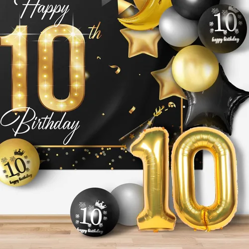 Miniatura 6 de Juego de globos dorados de feliz cumpleaños número 10 – Saludos a los 10 años de edad, guirnalda temática de fiesta con estrellas y luna, decoración