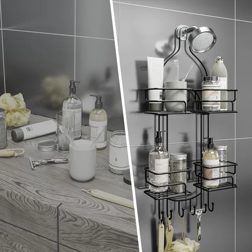 Miniatura 8 de SRIWATANA Organizador de Ducha Colgante Sobre la Cabeza, Organizador de Ducha de Baño Estante de Ducha Soporte con Ganchos para Maquinillas de Negro
