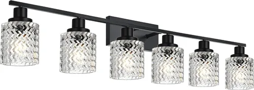 Miniatura 13 de MELUCEE Aplique de pared de 2 luces con pantalla de vidrio martillado, luces de baño de níquel cepillado sobre el espejo, accesorios de iluminación