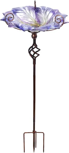 Miniatura 9 de VCUTEKA Comedero y bebedero de cristal para pájaros, para exteriores, baño de pájaros con estaca de metal, decoración de jardín Azul-2