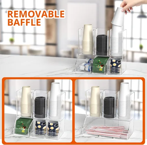 Miniatura 6 de Richboom Organizador de tazas y tapas, 6 compartimentos con 2 separadores extraíbles, estación de café, dispensador de tazas, organizador