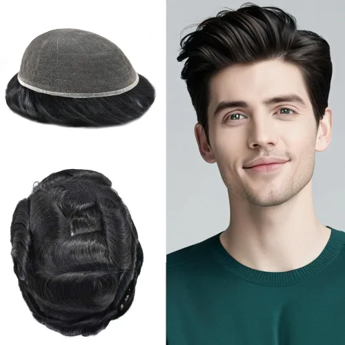 Toupee For Men Real Human Hair System Mens Hair Piece Breathable Mens Toupee Durable Men Hairpiece 6X8#1 Jet Black 80% Density