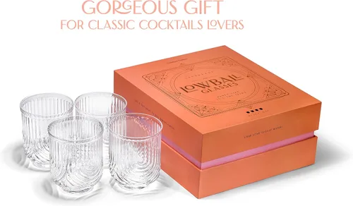 Miniatura 7 de GLASSIQUE CADEAU Vasos de cóctel vintage Art Deco Lowball Gatsby Juego de 4 vasos dobles antiguos de 13 onzas para beber whisky clásico, ginebra