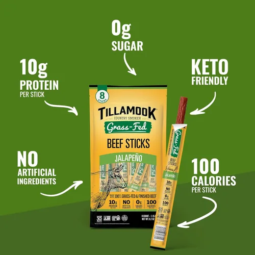 Miniatura 3 de Tillamook Country Smoker Palitos de Carne de Res 100% Alimentada con Pasto, Cero Azúcar, Jalapeño, 1.15 Onzas (Paquete de 8) Whole 30, Sin OMG