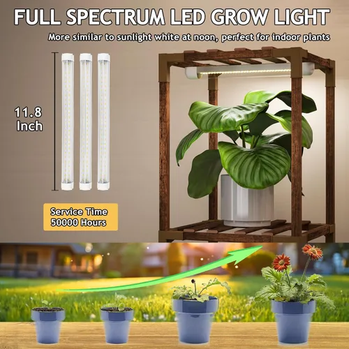 Miniatura 2 de HOMKIRT Soporte para plantas con luz de crecimiento, estante iluminado para plantas de interior para múltiples plantas, estante alto de madera