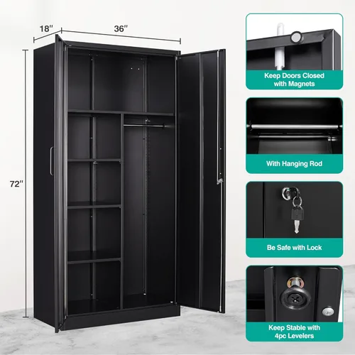 Miniatura 3 de SISESOL Armario de metal con cajón, armario con puertas, armario de almacenamiento de ropa de metal negro con estantes ajustables y barra