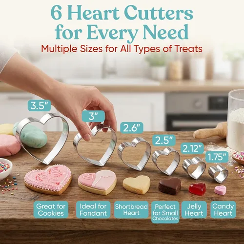 Miniatura 2 de Bakerpan Juego de 6 cortadores de galletas con forma de corazón de acero inoxidable para galletas, galletas, fondant, sándwiches y decoración