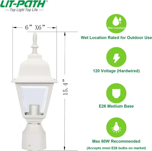 Miniatura 5 de LIT-PaTH Farol de poste de iluminación al aire libre, base mediana E26 máximo de 60 W, carcasa de aluminio más vidrio transparente, bombilla
