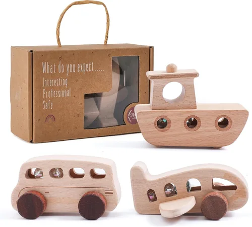 Coches de madera para niños de 1 a 3 años, juego de coches de madera para bebés con autobús, avión y barco, juguetes de madera Montessori con