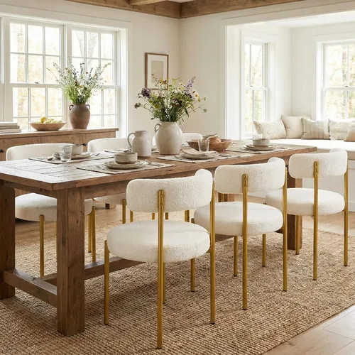 Miniatura 12 de Juego de 2 sillas de comedor Boucle, sillas de comedor beige con asiento tapizado y respaldo redondo, sillas de cocina modernas de mediados de siglo