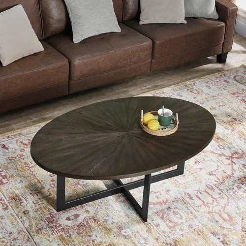 Miniatura 14 de Mesa de Centro Ovalada de Madera Maciza con Patas de Metal Cruzadas, Mesa Central Industrial Moderna de 43.3 Pulgadas con Estante Abierto Mesa