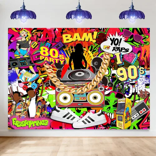 Avezano Telón de fondo de los años 80 y 90 de 7 x 5 pies, decoraciones de fiesta de hip hop para sesión de fotos, telón de fondo de hip hop de los