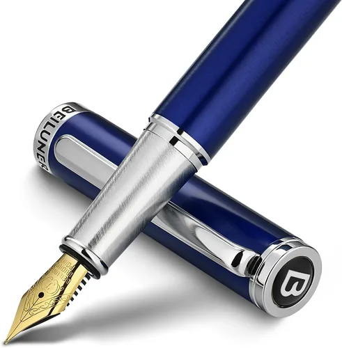 Miniatura 9 de BEILUNER Conjunto de pluma estilográfica de lujo, plumín fino sólido bañado en oro 24K, cuerpo de acero inoxidable plateado - Incluye 6 cartuchos