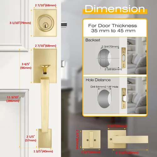 Miniatura 5 de EHOMEWARE - Juego de manijas de puerta delantera doble de latón, manija de puerta de latón cuadrado resistente en oro y cerradura de un solo