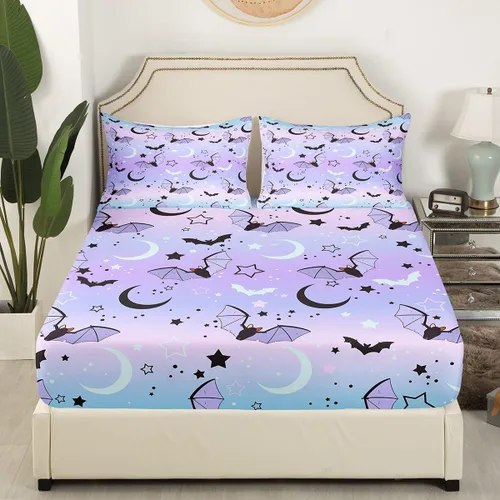 Miniatura 3 de Manfei Juego de sábanas de Feliz Halloween, tamaño individual, juego de ropa de cama de murciélagos morados y estrellas para decoración