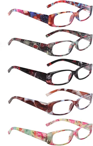 Miniatura 11 de Paquete de 5 anteojos de lectura rectangulares con bisagra de resorte, a la moda, unisex (5 combinaciones, 2.5)