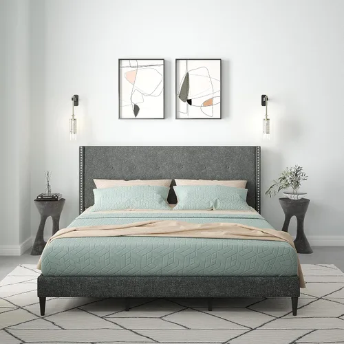 Miniatura 10 de Glenwillow Home MCM - Marco de cama con plataforma tapizada, botón con ribete de cabeza de clavo, respaldo de ala, base de colchón, no necesita Beige