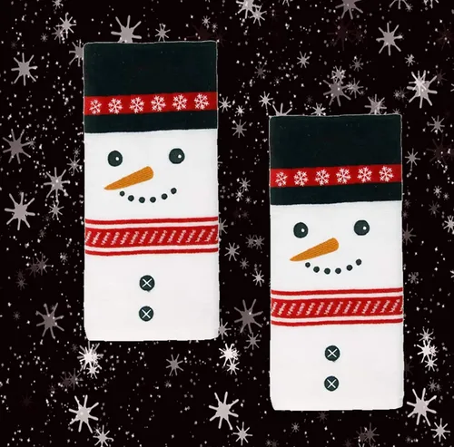 Miniatura 6 de St. Nicholas Square Toallas cuadradas de Navidad, juego de 2 toallas de mano de baño blancas, diseño decorativo de cara de muñeco de nieve, 25 x 16