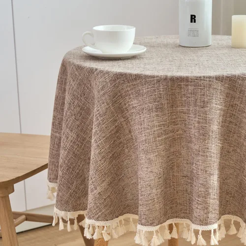 Miniatura 2 de Mantel redondo de algodón con aspecto de lino de 48 pulgadas/48.0 in resistente al agua, borde de borla, cubierta suave de color sólido para cocina