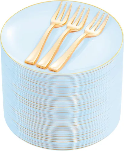 Miniatura 17 de Festiva 200 platos de postre dorados con purpurina de 6.3 pulgadas con tenedores de 5 pulgadas, platos pequeños de plástico para postre, pasteles
