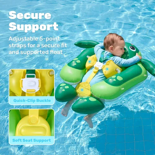 Miniatura 3 de Sloosh Flotadores de natación para bebés con toldo extraíble, flotador inflable para piscina para bebé, diseño de tortuga marina, anillo de natación