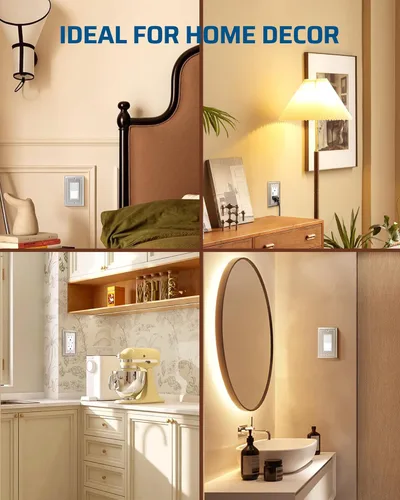 Miniatura 4 de DEWENWILS Paquete de 4 cubiertas de pared de metal, placas de pared decorativas para receptáculos, salida GFCI, interruptor de atenuación, níquel