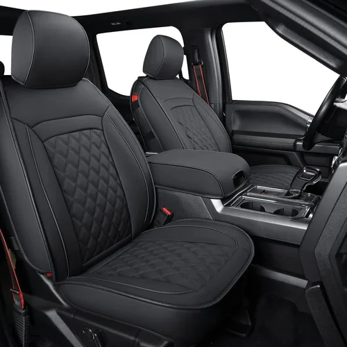 LUCKYMAN CLUB Fundas de asiento de piel sintética F150 para camionetas 2010-2014 F150 2011-2016 F250 F350 F450 (par delantero, negro)