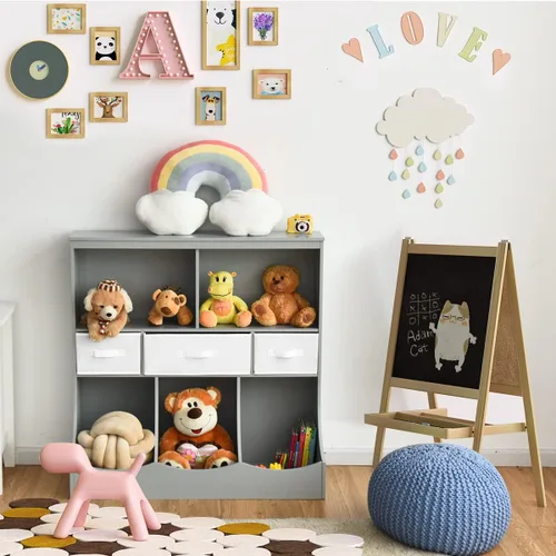 Miniatura 4 de HONEY JOY Organizador de almacenamiento de juguetes para niños con estantería, armario de almacenamiento de organización de 8 compartimentos con Gris