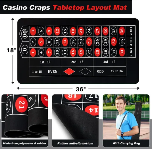 Miniatura 4 de Set de juego de ruleta Lunmon incluye rueda de ruleta negra de 16" (40 cm), tapete de goma para mesa de 35" x 16", 100 fichas, botón de croupier
