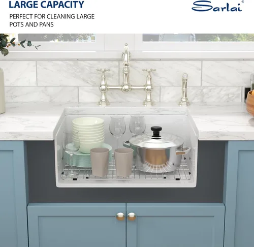 Miniatura 8 de Sarlai Fregadero de cocina blanco de 27 pulgadas de 27 x 19 pulgadas, fregadero de cocina blanco de doble caída y montaje inferior, de arcilla