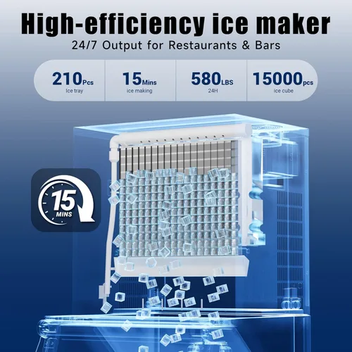 Miniatura 3 de Máquina comercial para hacer hielo de 580 libras/24 horas, contenedor de almacenamiento grande de 380 libras, 210 cubitos de hielo en 5 a 15